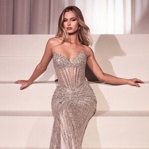 NEW STRAPLESS DAZZLING BEADS EMBELLISHED PROM DRESS W/ SHEER BODICE CD CC398